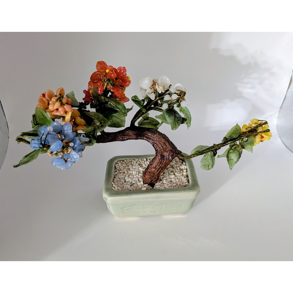 Vintage Chinese Jade Stone Glass Bonsai Mineral Tree Multi Color - Picture 11 of 11